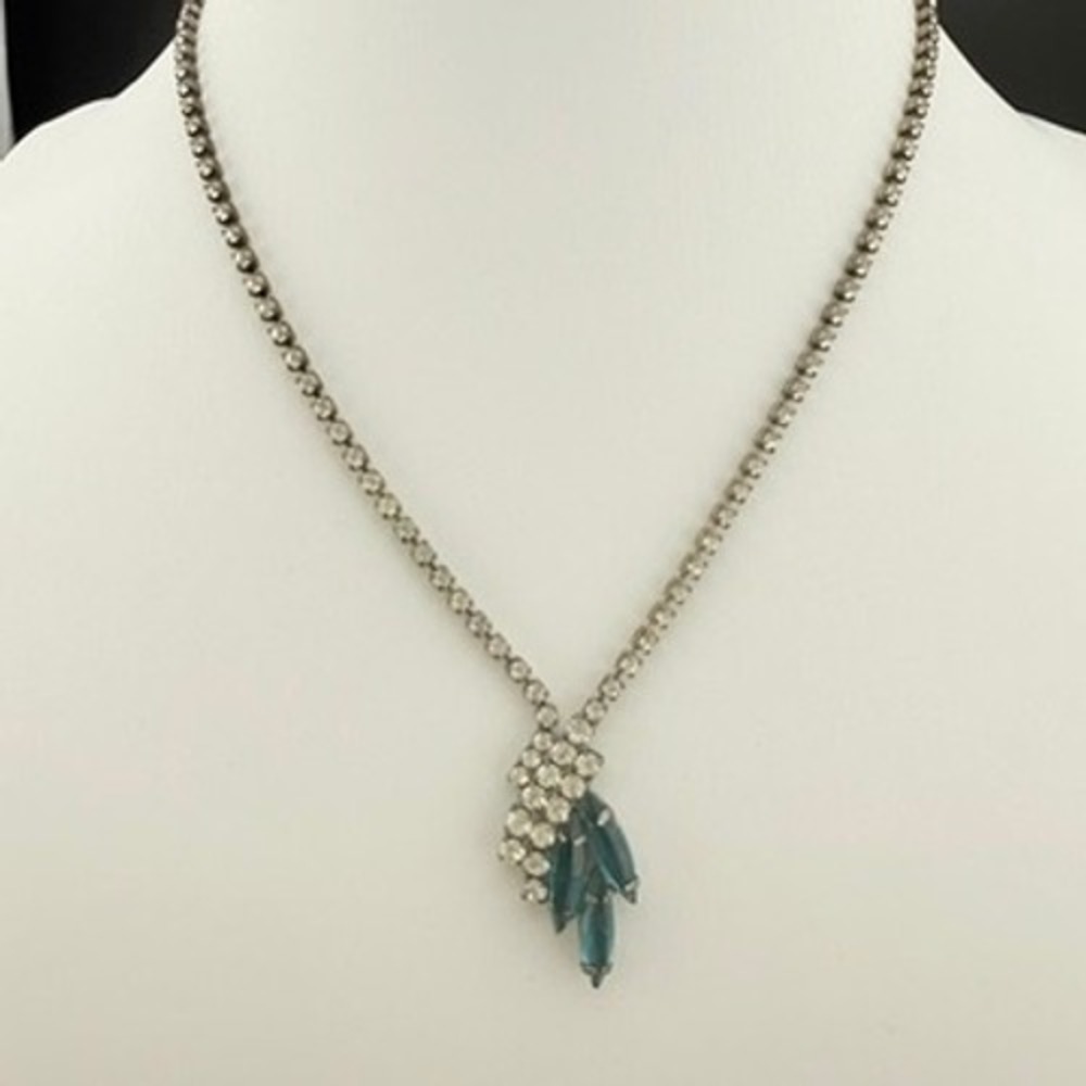 Vintage Rhinestone Necklace Blue Marquise Drop Cocktail